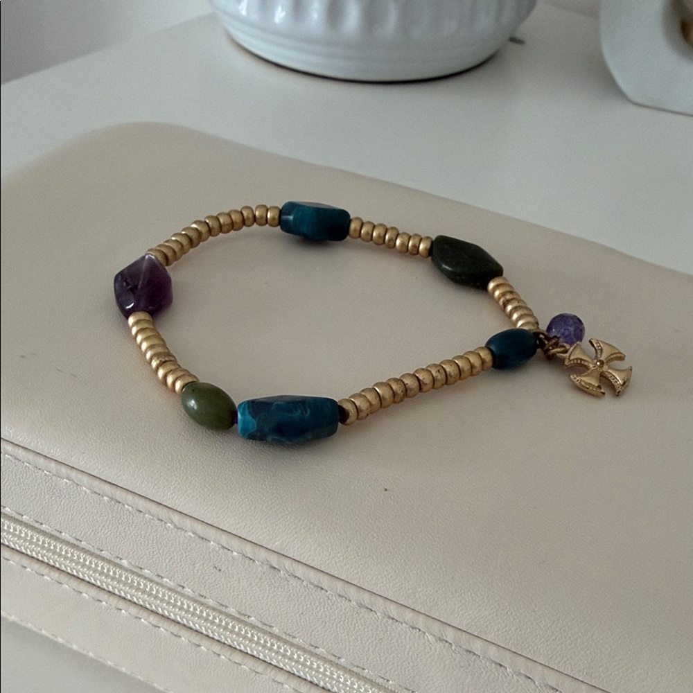 Gold and Blue Beaded Bracelet with Charm